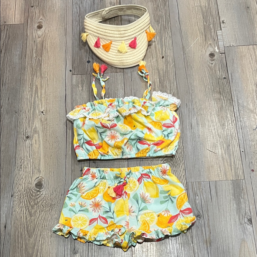 Colorful Fruit Print Two-Piece Set with Visor